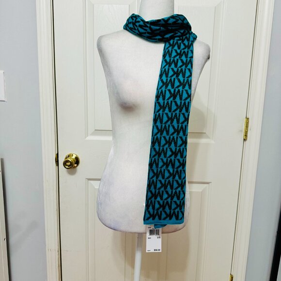 MICHAEL KORS MK SIGNATURE LOGO 100% ACRYLIC KNIT SCARF GREEN BLACK 66X9.5 - Picture 2 of 6